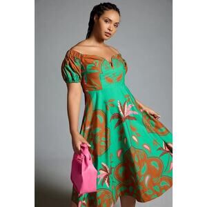 Maeve Anthropologie Puff-Sleeve Sweetheart Midi Dress Green Brown 16W Plus Size